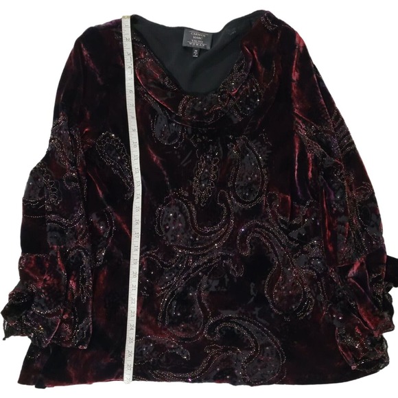 Carmen Marc Valvo Size 2x Bell Sleeve Cowl Neck Paisley Velvet Top Blouse Gothic - Picture 7 of 12